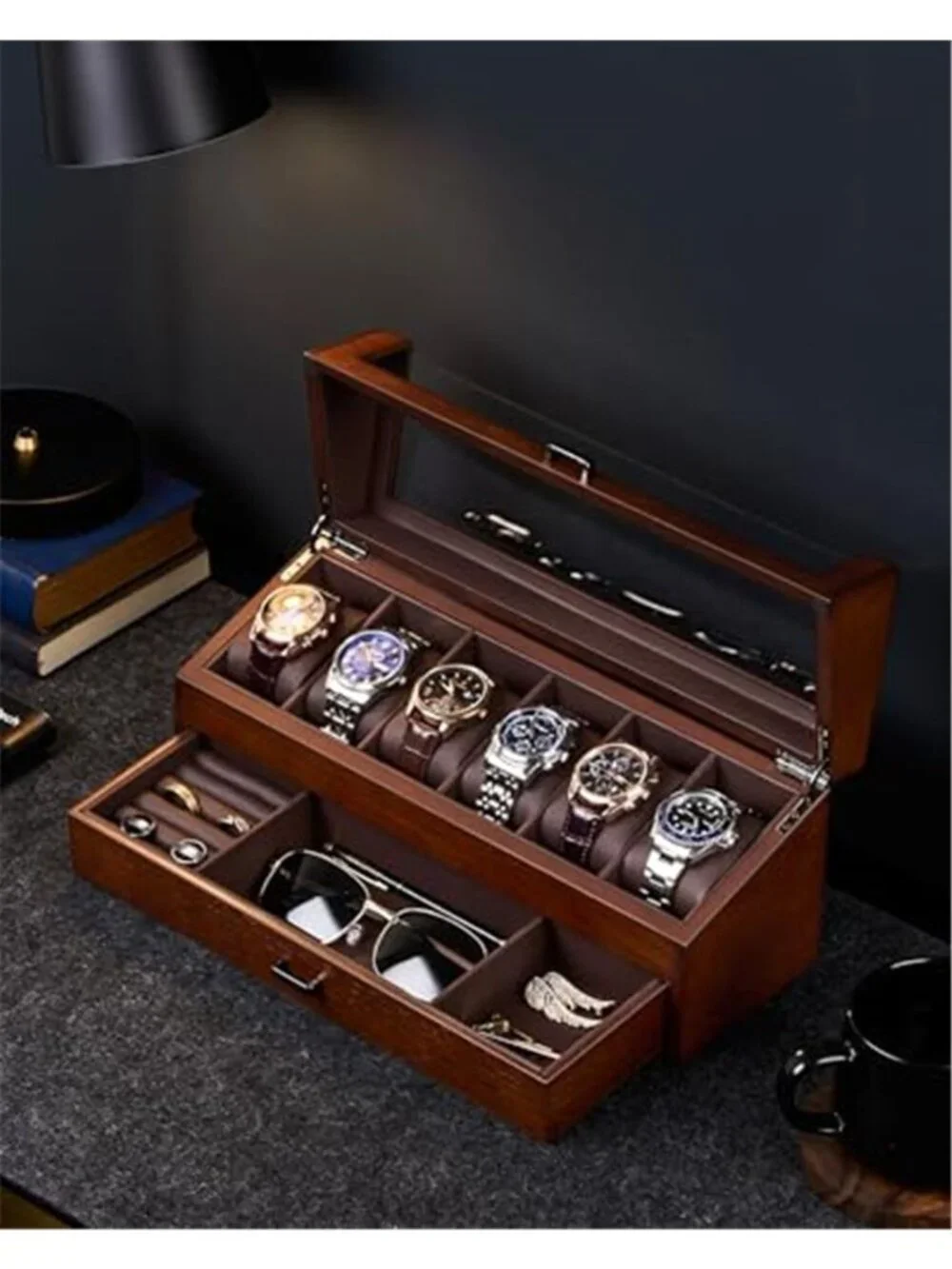 High End Wooden Watch Box for Men, 2-Layer Wood Watch Display Case